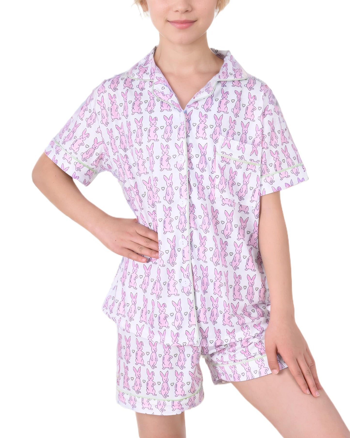 Roller Rabbit Pajamas Kids - Girls Summer 2 Piece Set - Button Down Top and Shorts Bunny