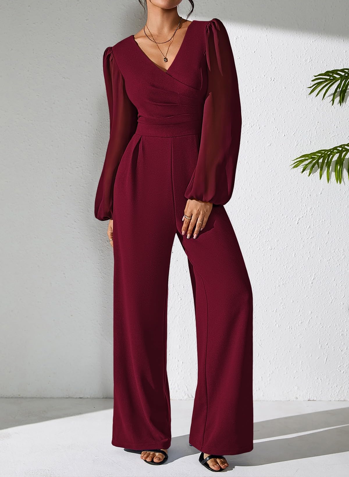 Pink Queen Jumpsuits for Women Dressy Patchwork Chiffon Sleeve V Neck Wide Leg Romper Holiday Party Outfits