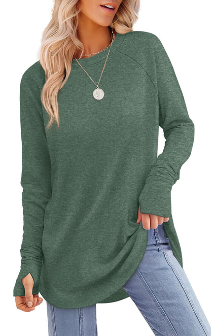 Tunic Top with Thumb Holes for Women - Long Sleeve Shirt with Curved Hem