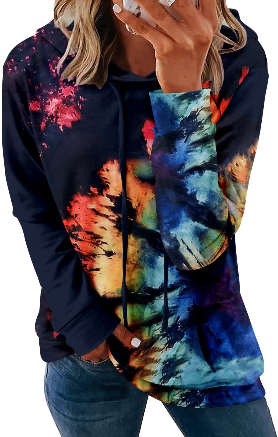 Pullover Hoodie - Tie Dye & Floral Print Hooded Sweatshirt with Pockets