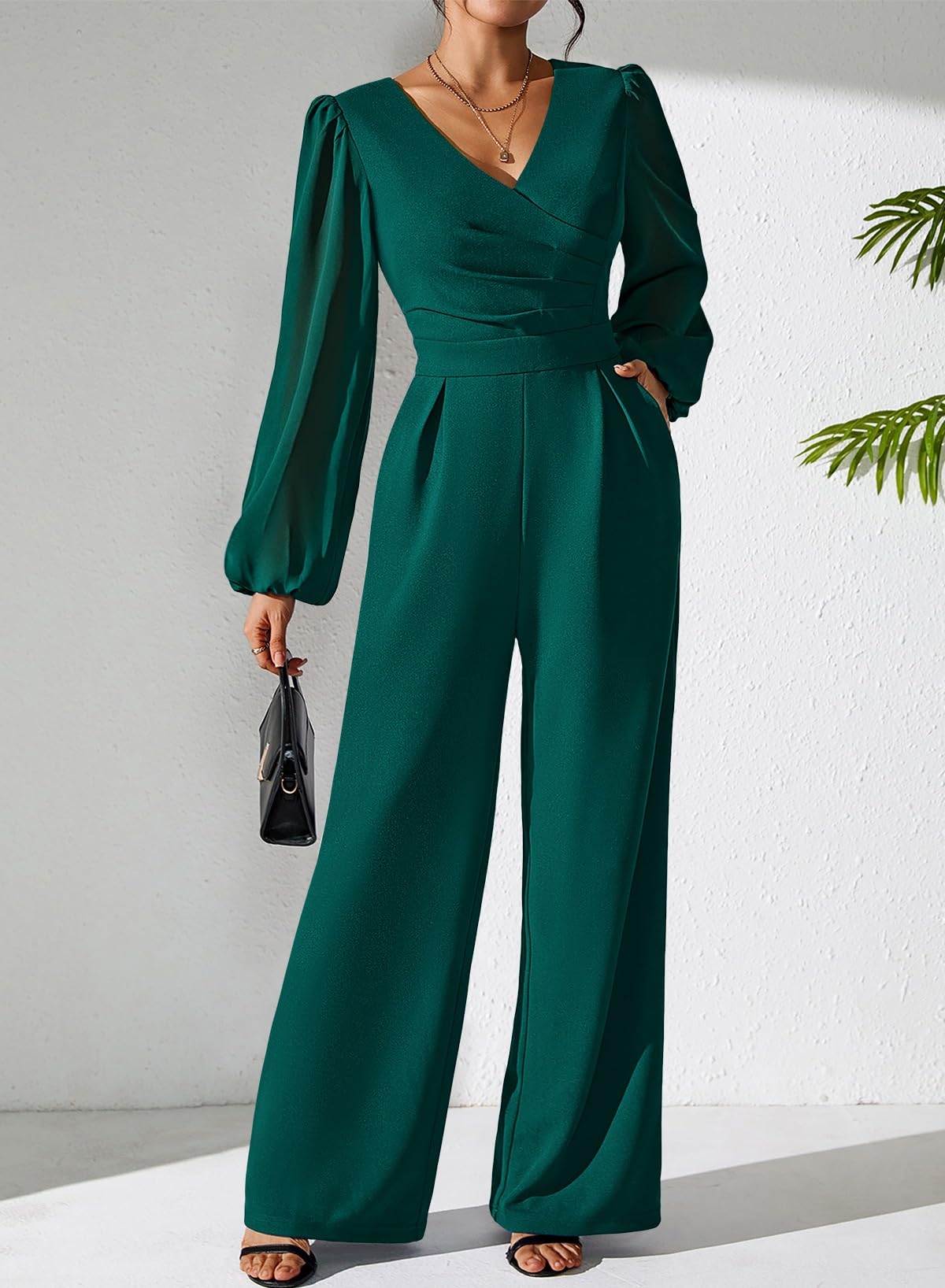 Pink Queen Jumpsuits for Women Dressy Patchwork Chiffon Sleeve V Neck Wide Leg Romper Holiday Party Outfits