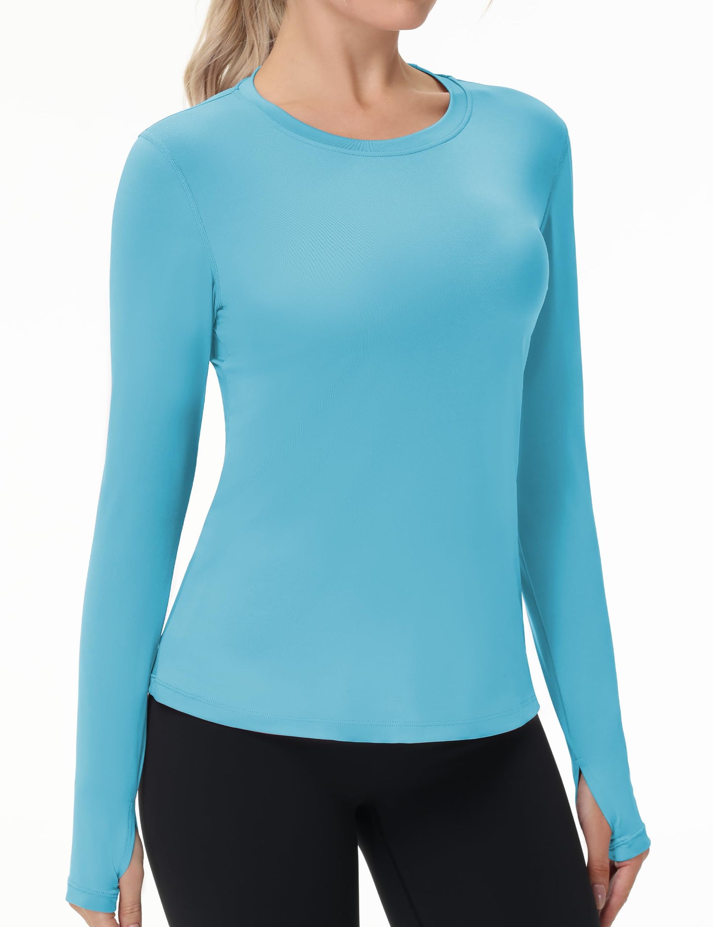 Women's UPF 50+ Sun Protection Long Sleeve Shirt - Athletic Rash Guard with Thumb Holes Thumb Hole: Azure Blue