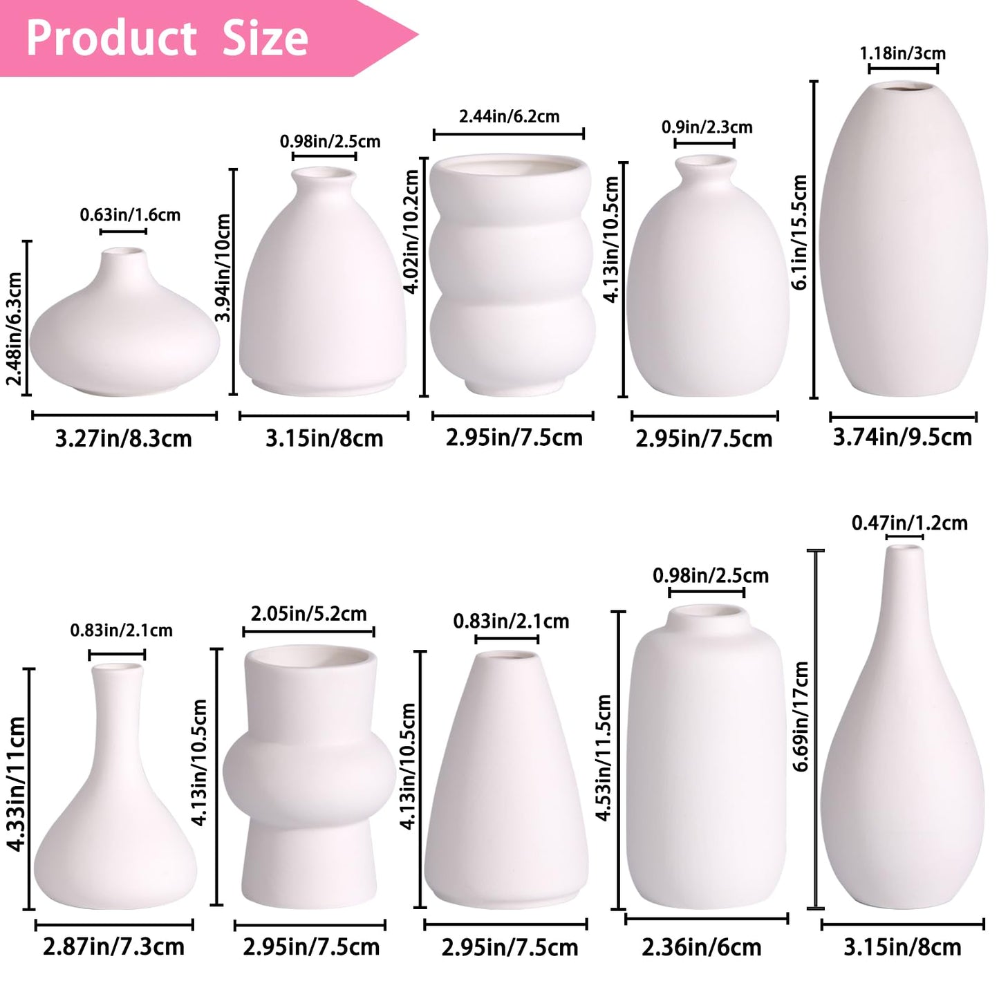 White Ceramic Bud Vases Set of 10 - 5 Inch Small Mini Vases for Flowers Centerpieces Decor