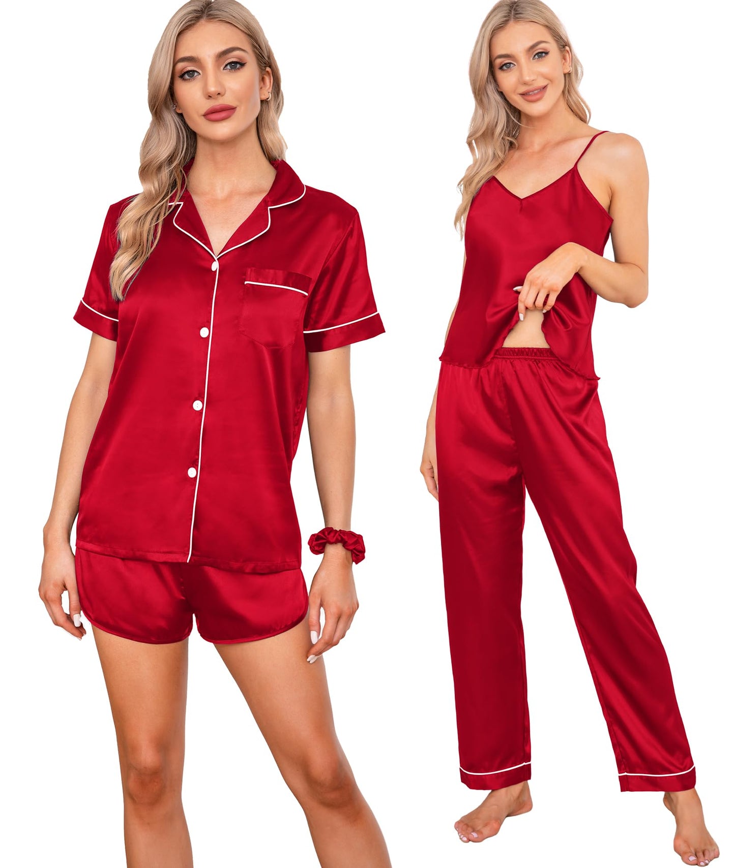 SWOMOG Womens Silk Satin Pajamas Sets 7pcs Sleepwear Sexy Cami Shorts Set and Button Down Short Sleeve Satin Pjs