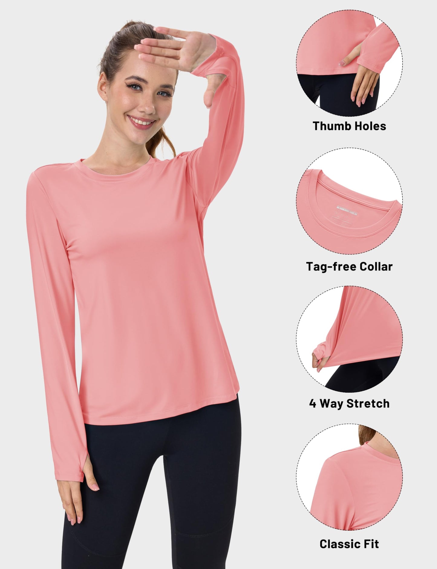 Women's UPF 80+ Long Sleeve Rash Guard - Quick Dry Athletic Shirt with Thumb Holes