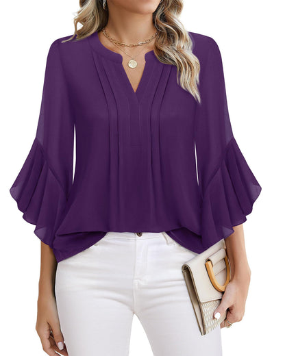Beautiful Blouses For Ladies - Women's 3/4 Sleeve Chiffon Blouse Dressy Business Casual Work Shirt Violet
