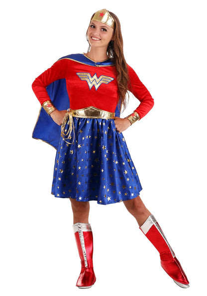 Wonder Woman Costume - Women's Long Sleeve Dress with Cape and Accessories Small