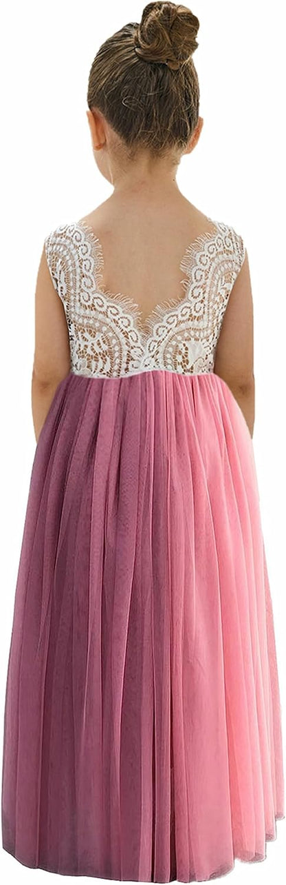 Girls Tulle Flower Girl Dress - Lace Back A-Line Party Dress Dusty Pink Sleeveless Maxi