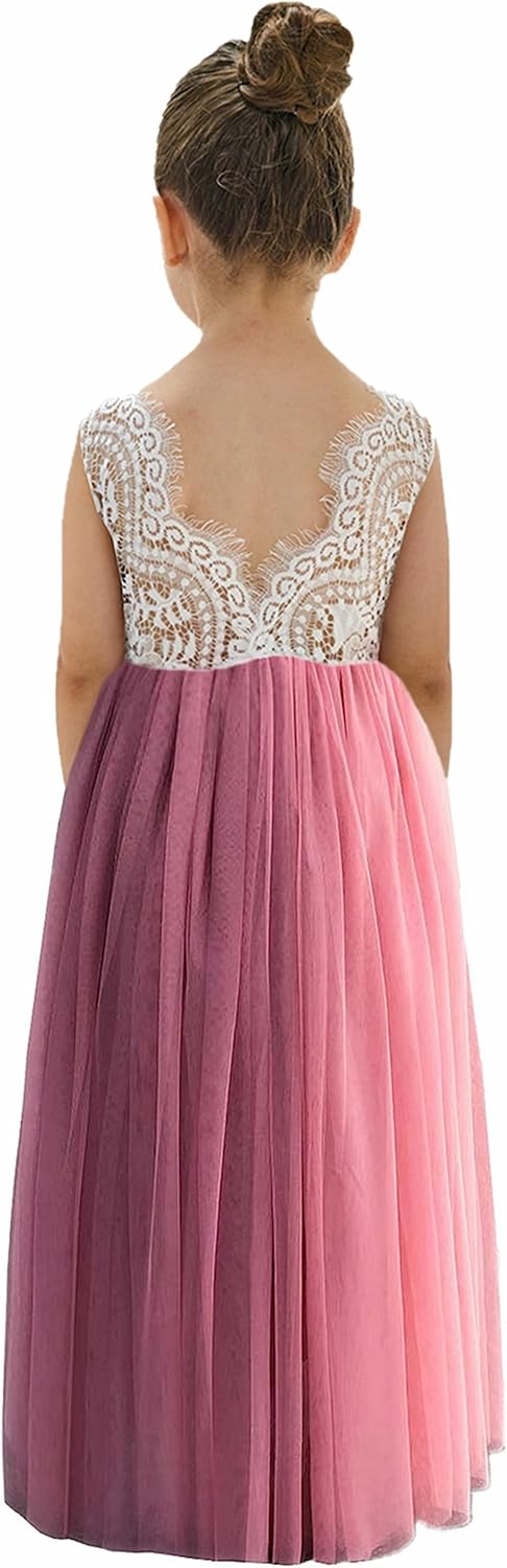 Girls Tulle Flower Girl Dress - Lace Back A-Line Party Dress Dusty Pink Sleeveless Maxi