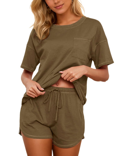 Women's Cotton Pajama Set - Short Sleeve Top and Shorts Sleepwear Lounge Set