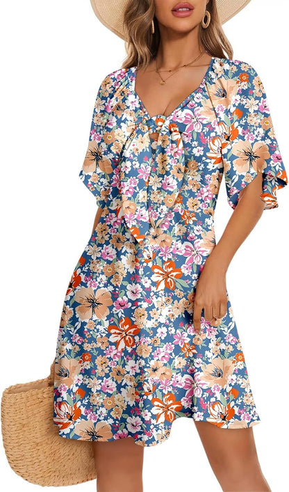 Women's Deep V-Neck Mini Dress with Bow Tie - Elegant Summer Fall Outfit Small Multicoloured E