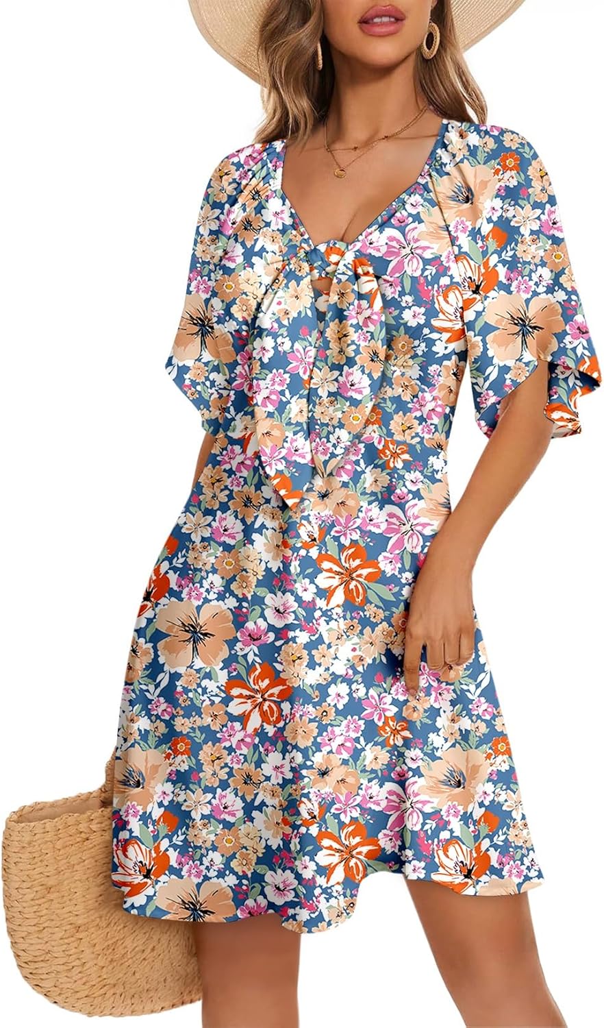 Women's Deep V-Neck Mini Dress with Bow Tie - Elegant Summer Fall Outfit Small Multicoloured E