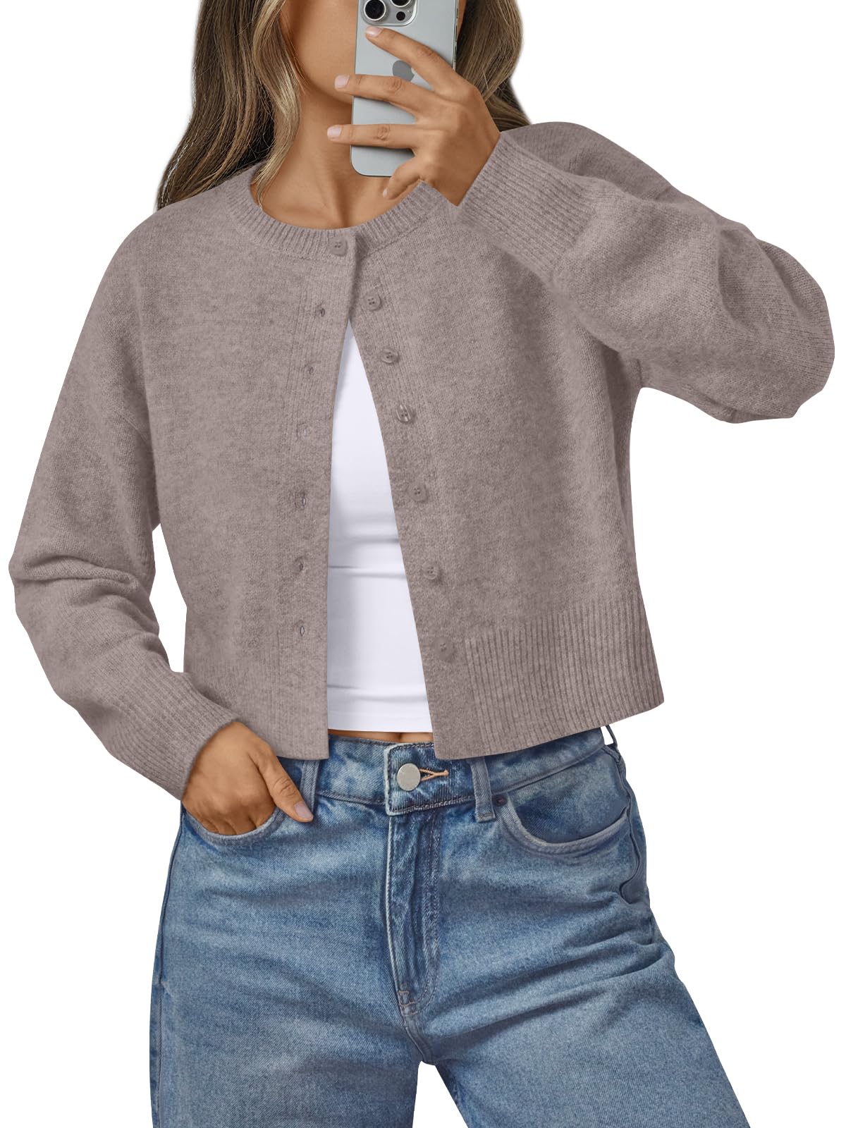 Women's Cropped Cardigan Sweaters - Lightweight Fall Button Up Knit Camel