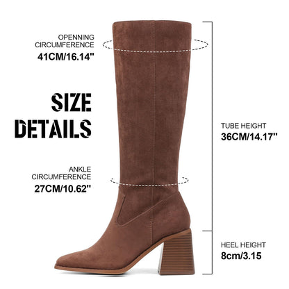 VOMIRA Knee High Boots Women Square Toe Chunky Heels Side Zipper Wide Calf Boots Fall Winter Brown Suede Boots Women