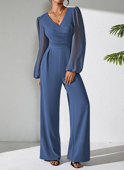 Pink Queen Jumpsuits for Women Dressy Patchwork Chiffon Sleeve V Neck Wide Leg Romper Holiday Party Outfits