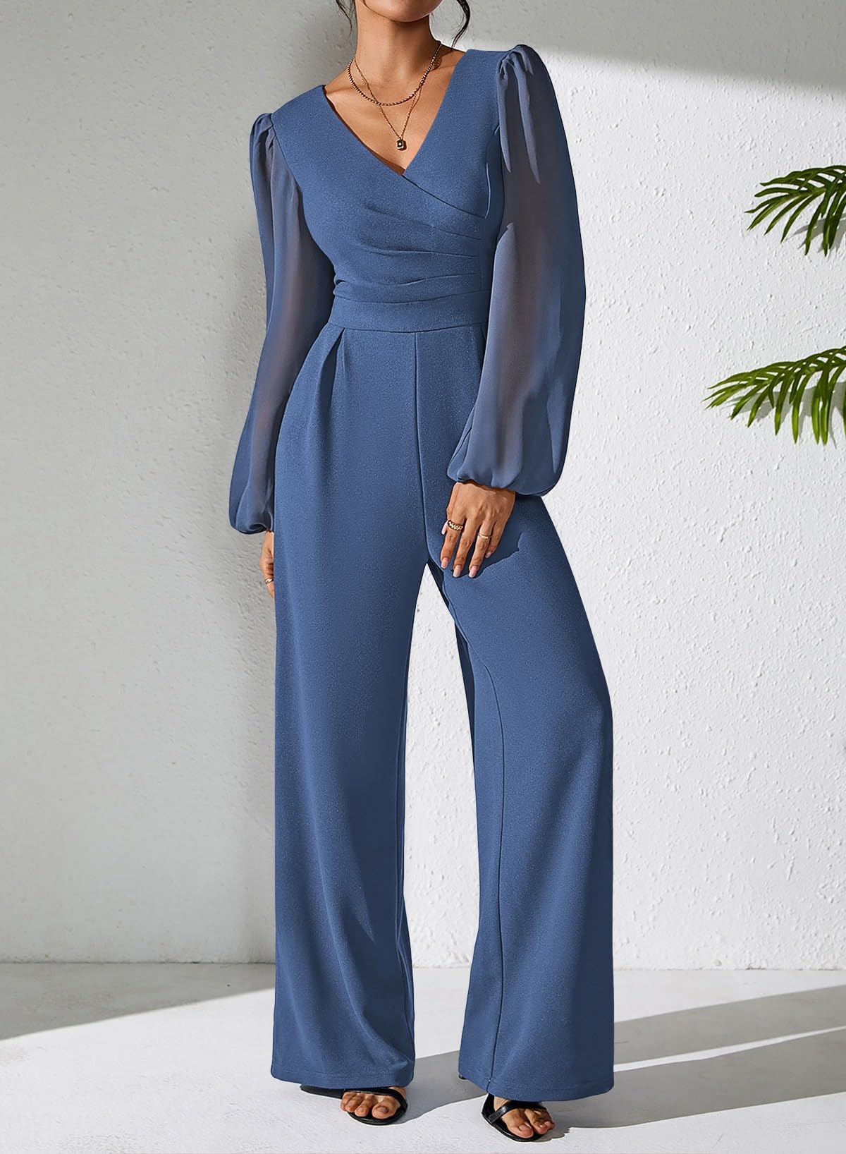 Pink Queen Jumpsuits for Women Dressy Patchwork Chiffon Sleeve V Neck Wide Leg Romper Holiday Party Outfits