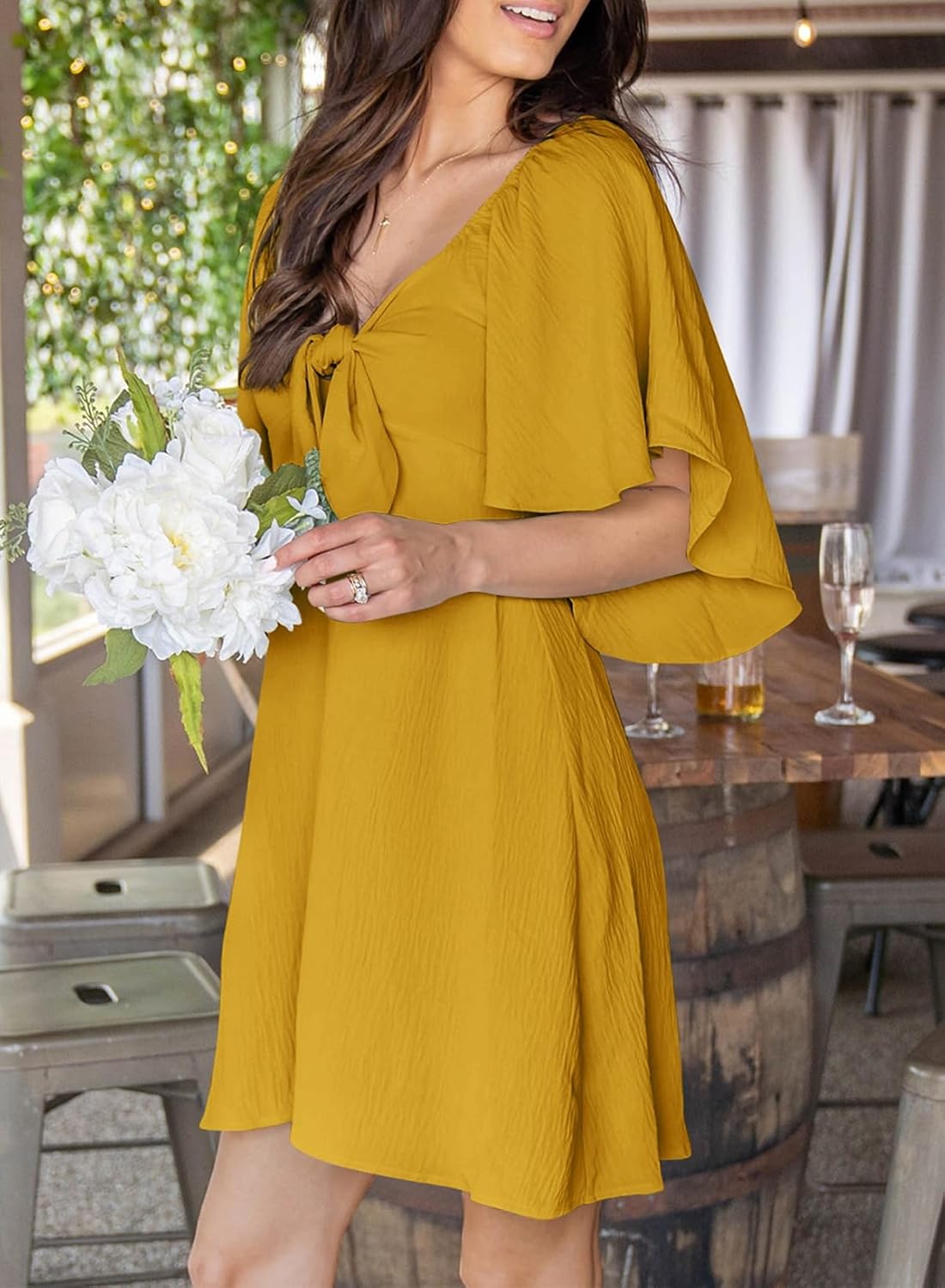 Women's Deep V-Neck Mini Dress with Bow Tie - Elegant Summer Fall Outfit