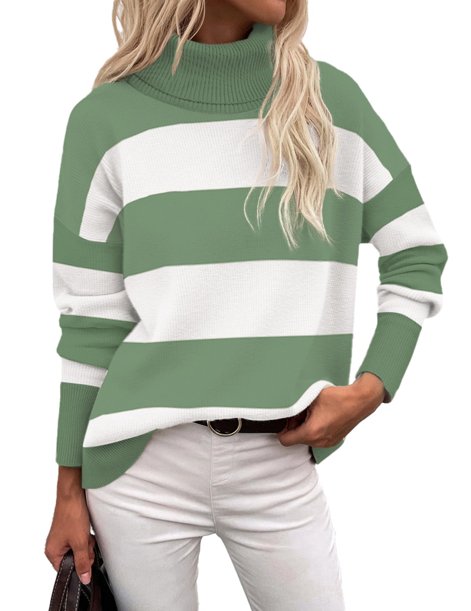 Orange Turtleneck Sweater - Turtleneck Sweater for Women - Chunky Knit Pullover with High Low Hem Green Stripe
