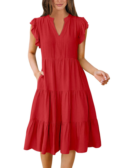 Blue Casual Dresses - Women's Summer Midi Dress - Ruffle Sleeve V-Neck Boho Beach Dress Red