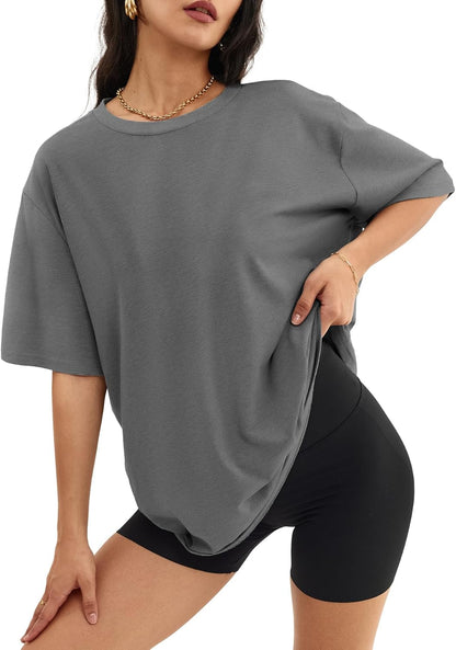 Women's Oversized T Shirts - Loose Fit Crewneck Short Sleeve Casual Tops Darkgrey Medium