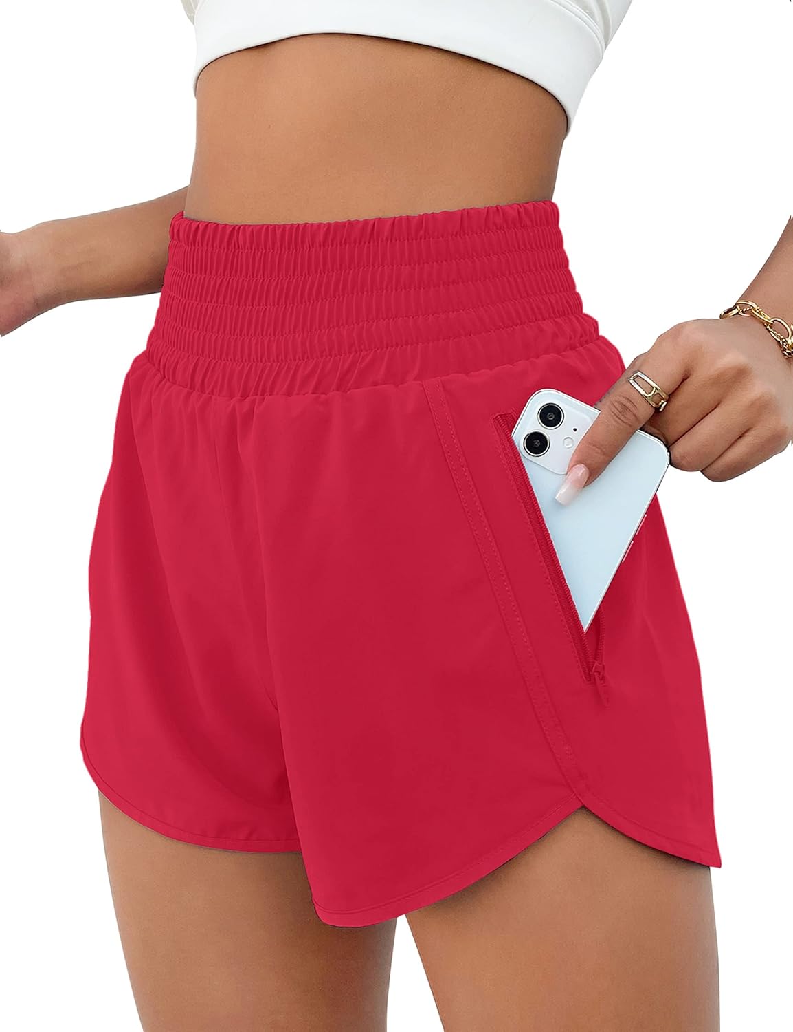 High Waisted Athletic Shorts Women Running Workout Shorts with Pockets Gym Sporty Red