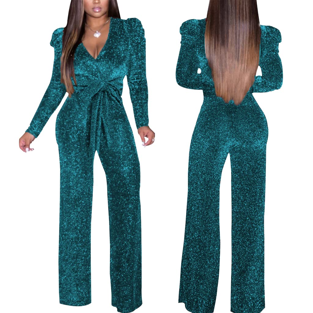 Women's Sparkly Jumpsuits Sexy Long Sleeve Cocktail Elegant Mock Neck Bodycon Straight Long Pants Rompers with Pockets
