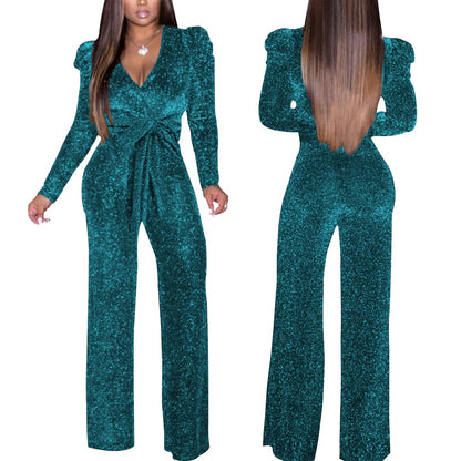 Women's Sparkly Jumpsuits Sexy Long Sleeve Cocktail Elegant Mock Neck Bodycon Straight Long Pants Rompers with Pockets