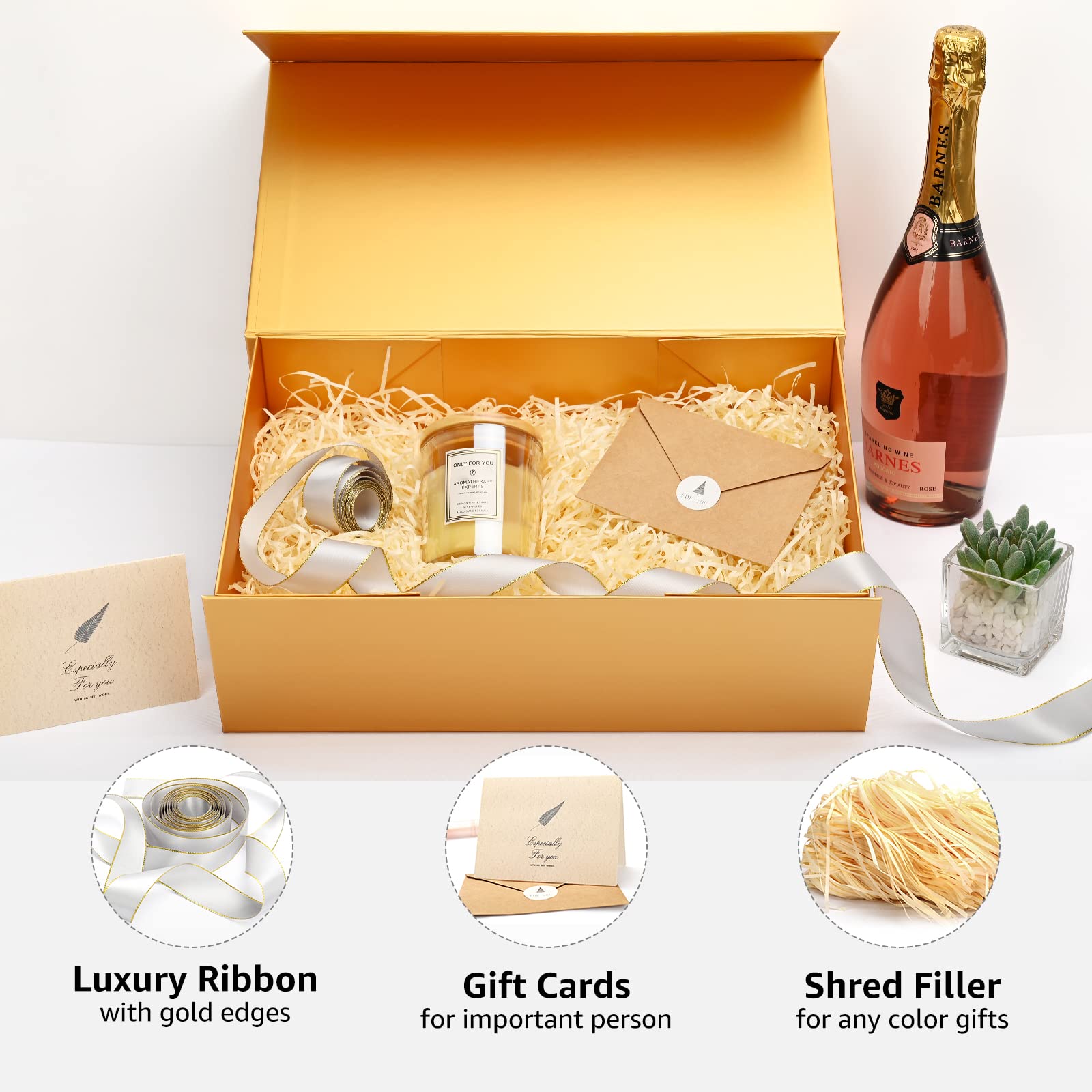 Gift Boxes with Lids 2 Pack - Magnetic Closure with Ribbon, Card, Filler & Sticker