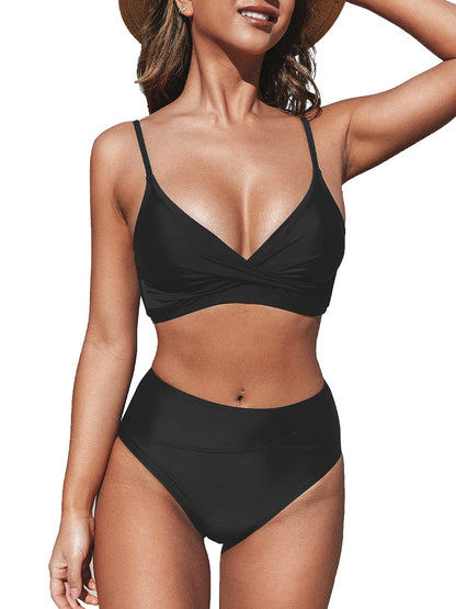 Women's High Waisted Bikini Set - V Neck Twist Front Two Piece Swimsuit with Adjustable Straps Black