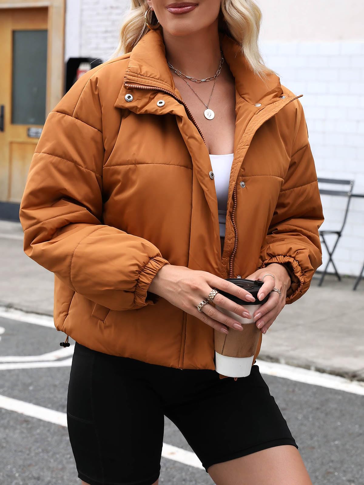 Imily Bela Womens Cropped Puffer Jackets Long Sleeve Stand Collar Coats Quilted Zipper Outerwear