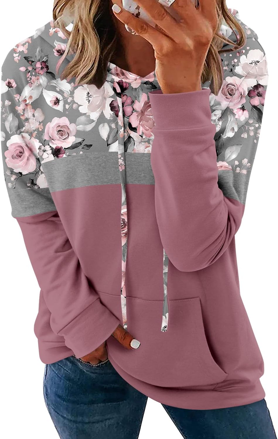 Pullover Hoodie - Tie Dye & Floral Print Hooded Sweatshirt with Pockets