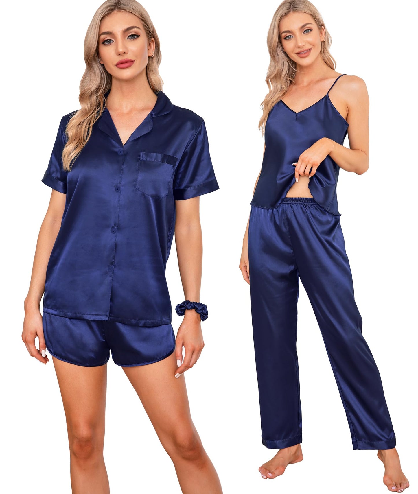 SWOMOG Womens Silk Satin Pajamas Sets 7pcs Sleepwear Sexy Cami Shorts Set and Button Down Short Sleeve Satin Pjs