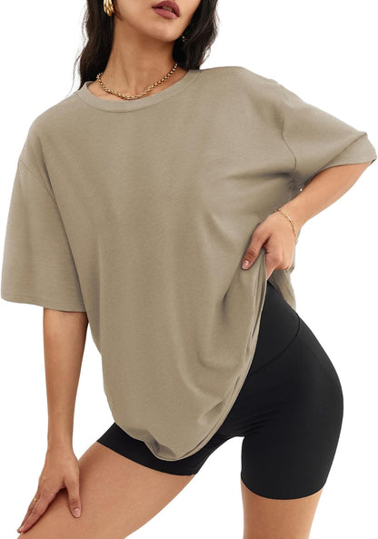 Women's Oversized T Shirts - Loose Fit Crewneck Short Sleeve Casual Tops Khaki