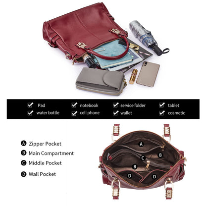 Women Genuine Leather Handbag - Soft Satchel Tote Shoulder Bag with Adjustable Strap