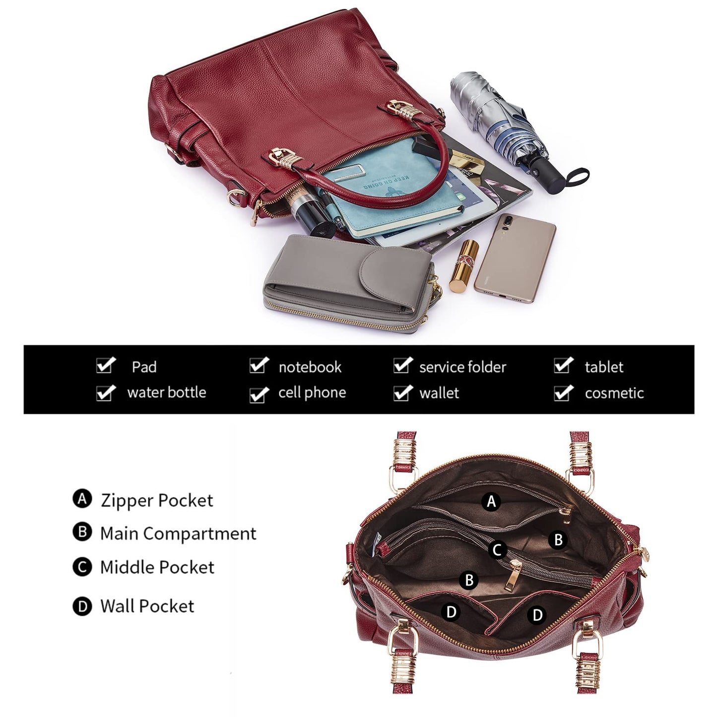 Women Genuine Leather Handbag - Soft Satchel Tote Shoulder Bag with Adjustable Strap