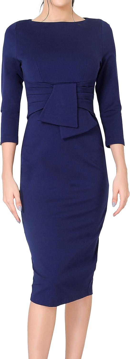 Work Office Business Dress - Square Neck Sheath Midi Dress with Long Sleeves Navy Blue 425