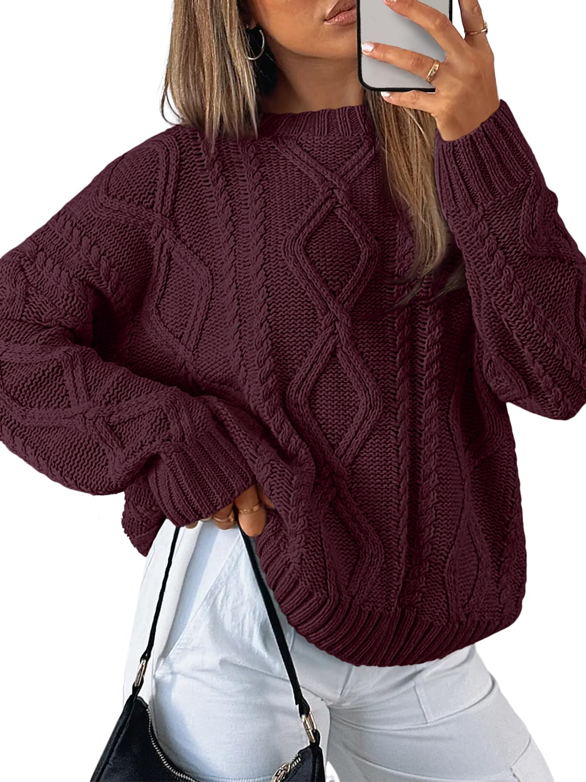 Women's Oversized Cable Knit Crewneck Sweaters - Cozy Fall Pullover