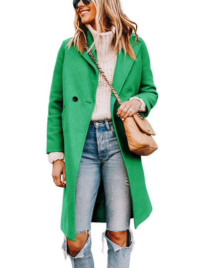 Wool Blend Pea Coat - Double Breasted Mid Length Trench Coat for Women Green