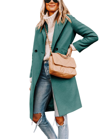 Wool Blend Pea Coat - Double Breasted Mid Length Trench Coat for Women