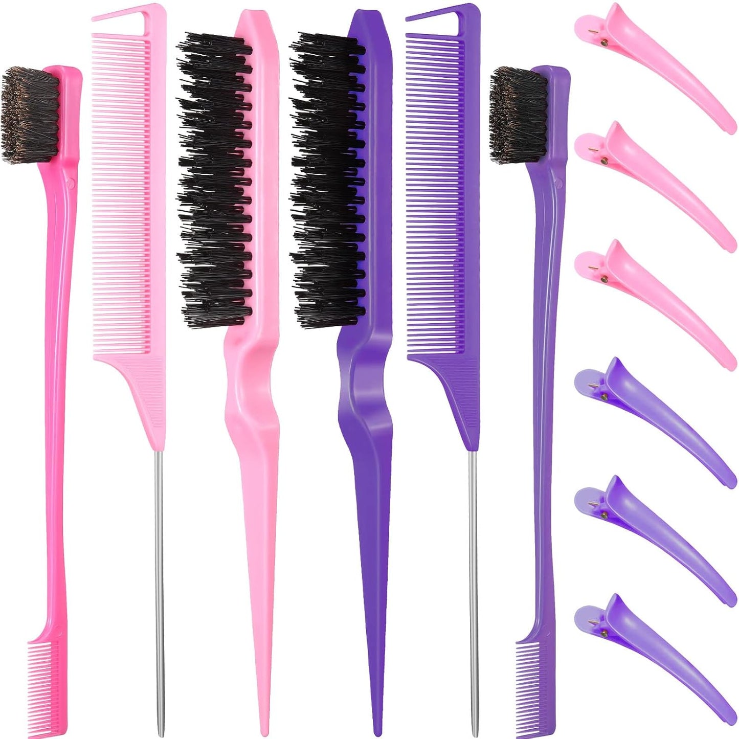 Hair Brush Set 12 Pieces Double Sided Edge Brush Teasing Combs Styling Kit Pink, Purple