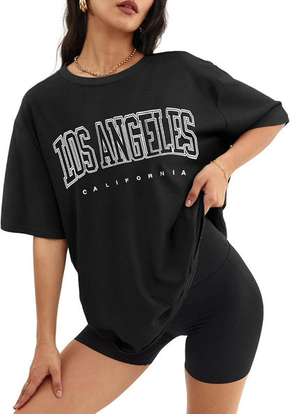 Women's Oversized T Shirts - Loose Fit Crewneck Short Sleeve Casual Tops Black-p