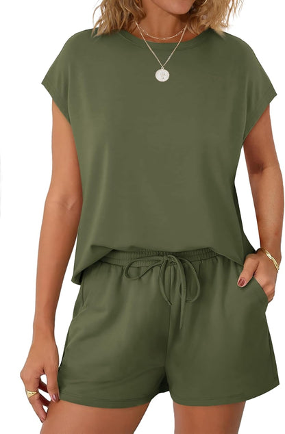 Women's 2 Piece Summer Lounge Set Crew Neck Short Sleeve Tracksuit