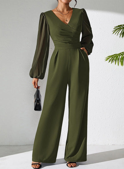 Pink Queen Jumpsuits for Women Dressy Patchwork Chiffon Sleeve V Neck Wide Leg Romper Holiday Party Outfits