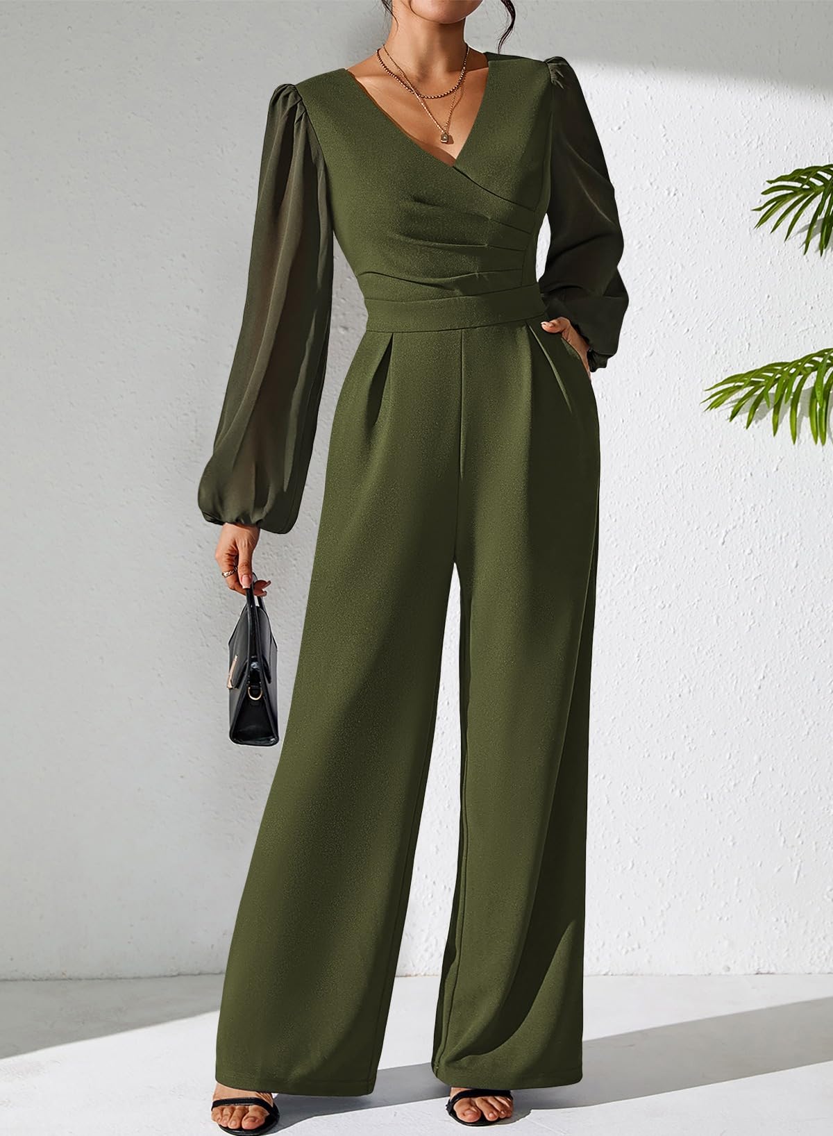 Pink Queen Jumpsuits for Women Dressy Patchwork Chiffon Sleeve V Neck Wide Leg Romper Holiday Party Outfits