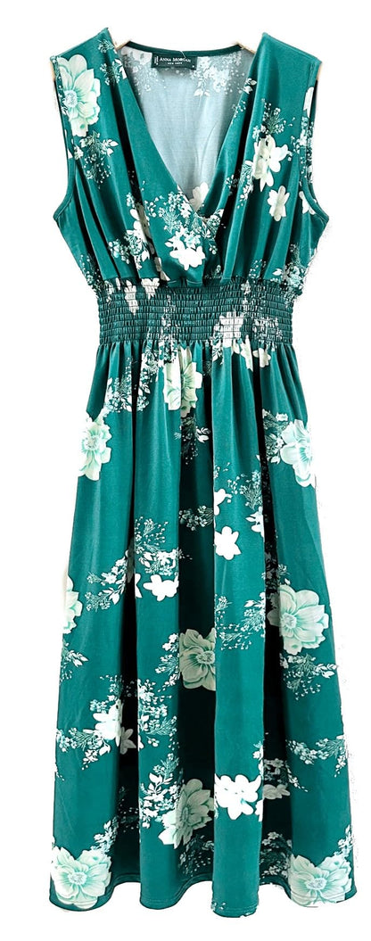 Smocked Maxi Dress - V Neck Exotic Print Dress for Maternity & Plus Size Jade Green Floral