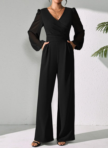 Pink Queen Jumpsuits for Women Dressy Patchwork Chiffon Sleeve V Neck Wide Leg Romper Holiday Party Outfits
