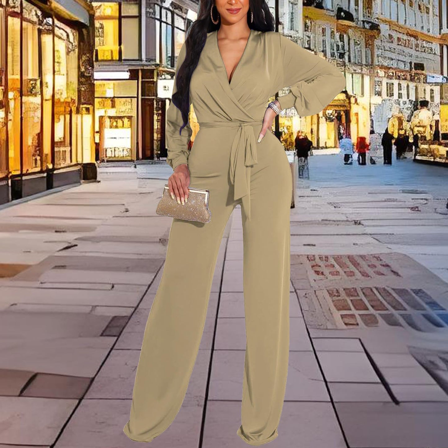 shengfan Formal Jumpsuits for Women Dressy Evening Sexy Deep V Neck Plus Size Long Wide Leg Pants Rompers Clubwear