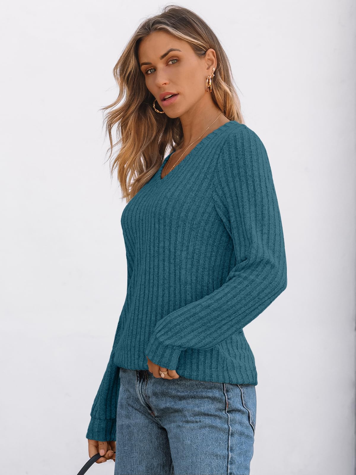 V Neck Long Sleeve Sweater for Women - Loose Fit Tunic Top for Fall & Winter