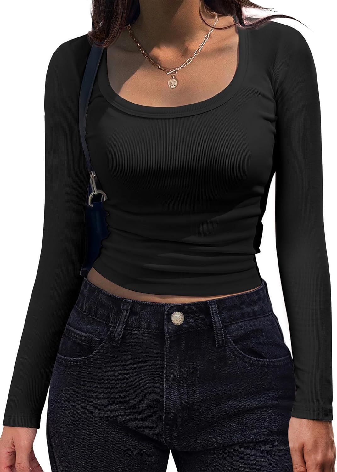 Women's Long Sleeve Scoop Neck Shirt Slim Fit Rib Knit Top Black