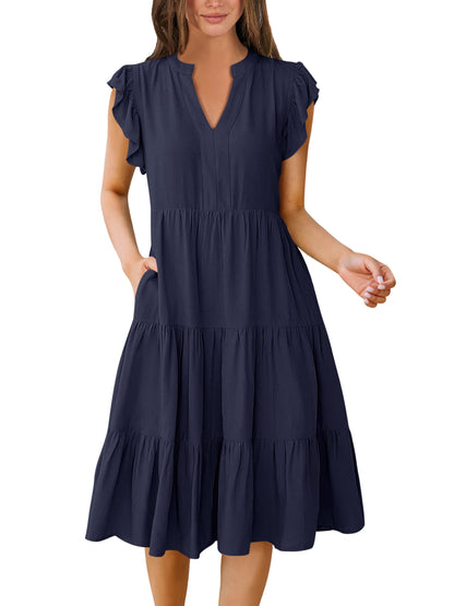 Blue Casual Dresses - Women's Summer Midi Dress - Ruffle Sleeve V-Neck Boho Beach Dress Deep Navy Blue